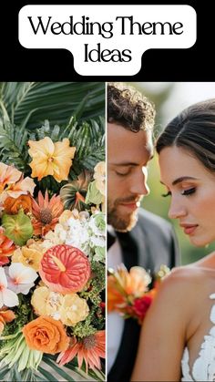 A wedding theme idea featuring tropical-inspired floral arrangements with vibrant orange, yellow, and green hues. The second image captures a close-up of a bride and groom in a romantic moment, with the groom wearing a matching floral boutonniere and the bride in a lace wedding gown, highlighting a tropical wedding theme.