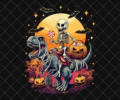 a skeleton riding on the back of a dinosaur in front of a full moon with candy