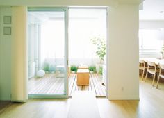 an open room with wooden floors and white walls