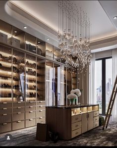 the closet is full of shoes and chandelier in this modern style home office