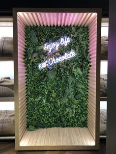 a green wall with the words enjoy life and chocolates on it