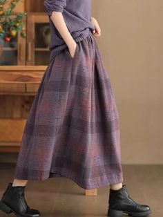 Olivia Mark - Winter Plaid A-Line Skirt with Color Weave, Warm and Elastic High Waist Long Skirt Warm Skirt, Harajuku Clothes, High Waist Long Skirt, Winter Plaid, Plaid Outfits, Long Skirts For Women, Floor Length Skirt, Mua Sắm, Fashion Seasons