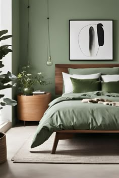 a bed with green sheets and pillows in a bedroom next to a potted plant