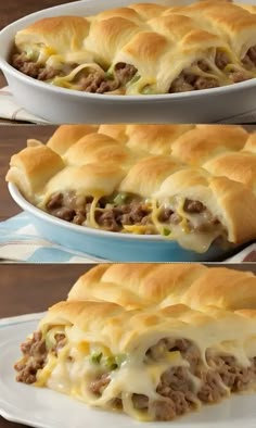 two images show the same casserole with meat and cheese in it, but different angles