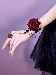 This price is for a bracelet only. Lolita Accessories:Floral Design / Rosette Design Size Free Size Rose Diameter 6.5 Wrist 14-20 Fancy Gloves, Dark Red Roses, Red Gothic, Gothic Bracelet, Gothic Rose, Wrist Accessories, Punk Accessories, Lace Bracelet, Style Gothic