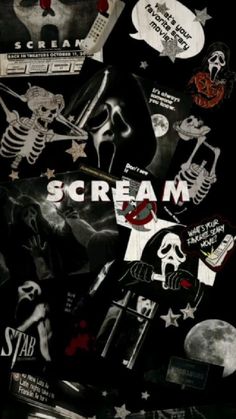 a bunch of stickers that are on top of a black background with the words scream