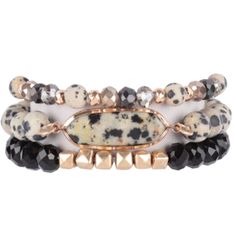 Pomina Dalmatian Natural Stone Bracelet Set. Beautifully Crafted Individual Bracelets Can Be Worn All Together Or By Themselves. The All Dalmatian Bracelet Has A Large Stone With A Gold Color Bezel And All Dalmatian Beads. The Black Faceted Beaded Bracelet Has 6 Gold Metal Beads. The Small Beaded Bracelet Is Made Of All Small Beads: Dalmatian, Gold Metal Beads, Black, Iridescent, And Clear Gray Faceted Beads. These Are A Must Have For Any Wardrobe. Dalmatian Bracelet, Small Beaded Bracelet, Red Gemstone Bracelet, Swift Bracelets, Michael Kors Bracelet, Black Iridescent, Expandable Bangle Bracelet, Wave Bracelet, Large Stone