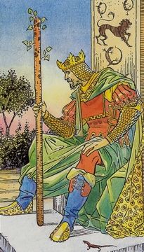 the king of wands tarot card with an image of a man sitting on a chair