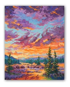 a painting of a sunset with clouds and trees