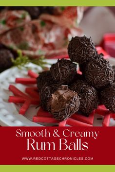 chocolate covered strawberries on a plate with text overlay that reads smooth and creamy rum balls