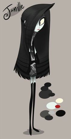 an image of a cartoon character with long hair and black clothes, standing in front of circles