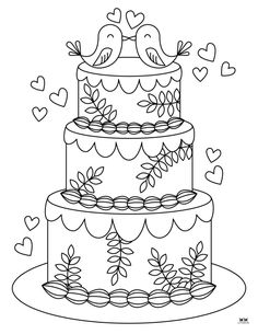 a wedding cake with two birds on top and hearts flying around the cake coloring page