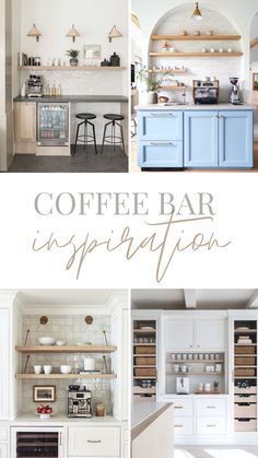 the coffee bar in this kitchen is painted blue and white