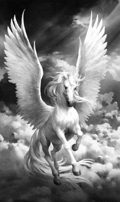 a white horse with wings flying through the air above clouds in black and white photo