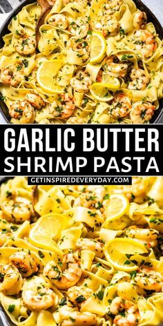 garlic butter shrimp pasta in a skillet with lemons and parsley