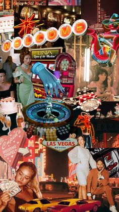 collage of las vegas images including neon signs, casino machines and women in white dresses