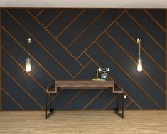 a desk with two lights on it in front of a wall that has geometric designs