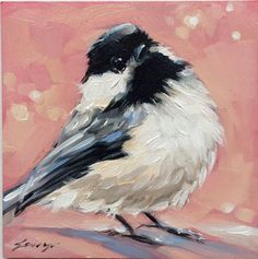 a painting of a black and white bird on a pink background