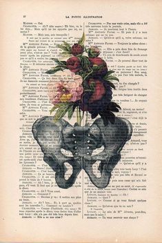 an old book page with flowers in the shape of a human skull on top of it