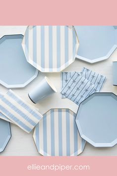 blue and white striped plates are arranged on a pink background with text overlaying the image