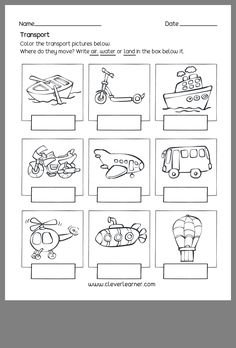 the worksheet for transportation is shown in black and white, with pictures on it