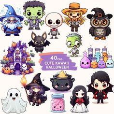 cute kawaia halloween clipart set with lots of different items and characters in the background