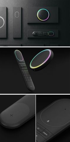 several different images of remote controls and buttons on a black surface, including one with an oval button