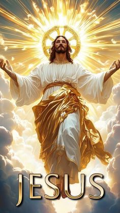 jesus with his arms outstretched in the air above clouds and sun shining down on him