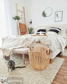 a cat sitting on the floor in front of a bed