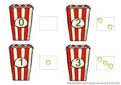 three red and white striped popcorn boxes with numbers on the top, one is missing