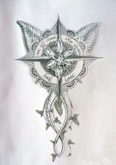 a drawing of a compass with leaves and vines on it's side, in grey ink