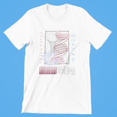 a white t - shirt with an image of a spiral design on the front and side