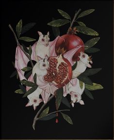 a painting of pomegranates and bats with leaves on a black background