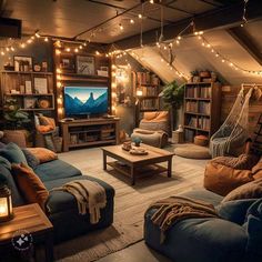 a living room filled with furniture and lots of lights