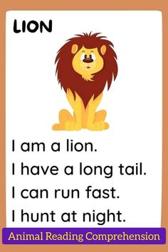 an animal reading book with the words lion and i am a lion, i have a long tail