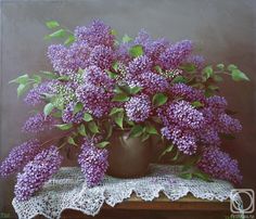 a painting of purple lilacs in a vase on a lace doily tablecloth