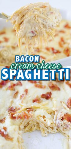 bacon cream cheese spaghetti is being lifted from a casserole dish with a spoon