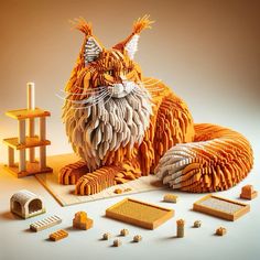 a cat made out of legos sitting on top of a table next to other toys