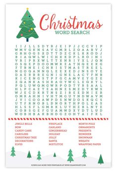 the christmas word search is shown in red, green and white with trees on it