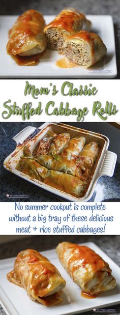 three different types of food are shown on the same plate, one is stuffed cabbage rolls