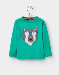 Joshua loves looking at people wearing glasses that remind of his daddy. I think this wolf would remind him of daddy too! Haha!   Chomp Green Grass Wolf Applique Top 1-6yr | Joules UK Wolf Applique, Applique Top, Wearing Glasses, Quilted Coat, Inspiration For Kids, Boys Top