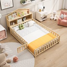 a child's bedroom with toys and decor on the floor, including a bed