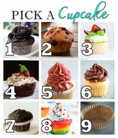 cupcakes with the words pick a cupcake on them and pictures of different types