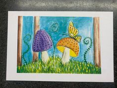 a painting of two mushrooms and a butterfly