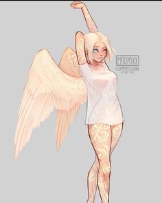 a drawing of an angel with white hair and tattoos on her body, standing in front of