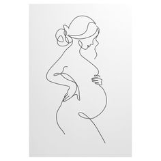 a black and white drawing of a woman's pregnant figure with her hand on her belly