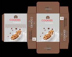 three boxes of cookies with chocolate chips and milk in them on a black background, side by side