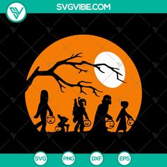 the silhouettes of people walking in front of a full moon with bats and pumpkins