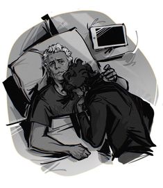 a drawing of a person laying in bed with a cat next to him and an alarm clock on the wall behind them