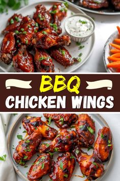 bbq chicken wings with carrots and ranch dressing on the side, served in bowls